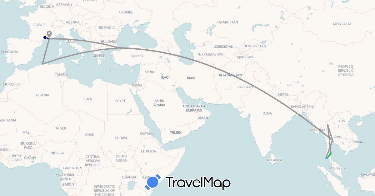 TravelMap itinerary: driving, bus, plane, boat in Algeria, France, Thailand, Turkey (Africa, Asia, Europe)